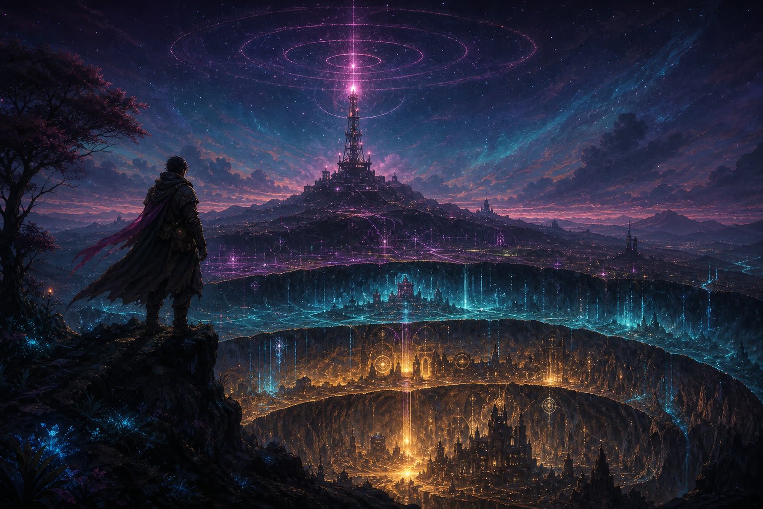 A traveler on a hill watching the radio tower of Signal send rings into the stars